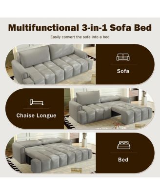 Modern 4-Seat Teddy Fabric Sleeper Sofa with Storage, 90" Pull-Out Couch Bed, King Size Convertible for Living Room