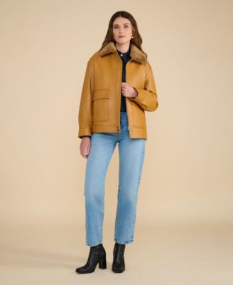 Women's Leather Jacket with Detachable Shearling Collar