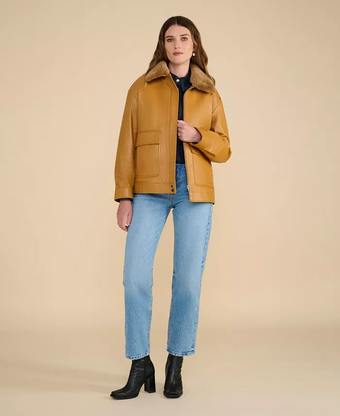 Women's Leather Jacket with Detachable Shearling Collar - thumbnail 2