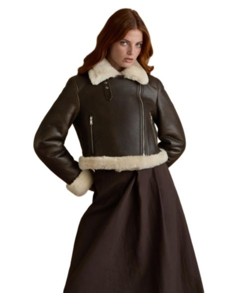 Женские куртки Furniq UK Cropped Aviator Style Shearling Jacket with Contrast Trim
