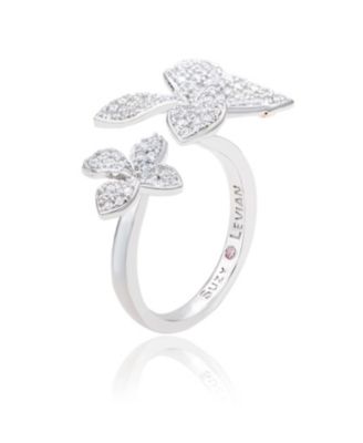 Suzy Levian Sterling Silver Cubic Zirconia Between The Finger Double Flower Ring