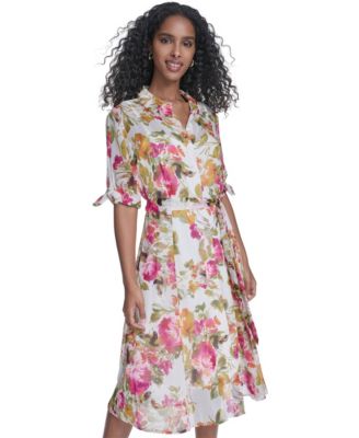 Women's Tie-Sleeve Printed Midi Dress