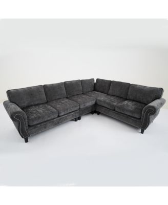 Dark Gray Chenille Sectional Sofa, Rivets, Rolled Arm, 6 Seater