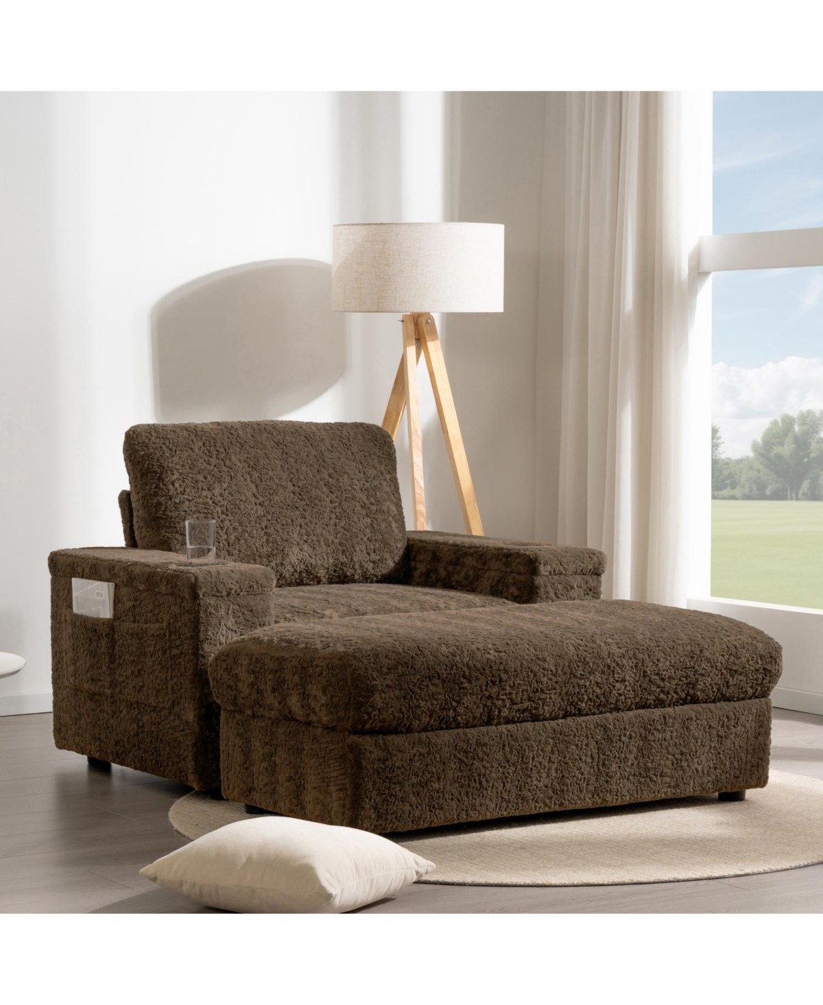 Streamdale Furniture 42" Oversized Faux Fur Chaise Lounge with Storage and Cup Holders