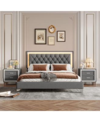 Streamdale Queen Upholstered LED Bed Set with 2 Nightstands