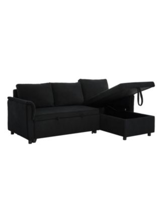 Corduroy Sleeper Sectional Sofa with Storage Chaise - Black