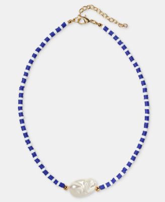 Gold-Tone Blue Bead & Imitation Pearl Collar Necklace, 16" + 2" extender