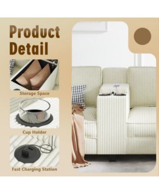 L-Shaped Corduroy Sofa w/ Storage USB & Console