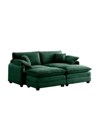Green Corduroy Two-Seater Sofa with Ottoman