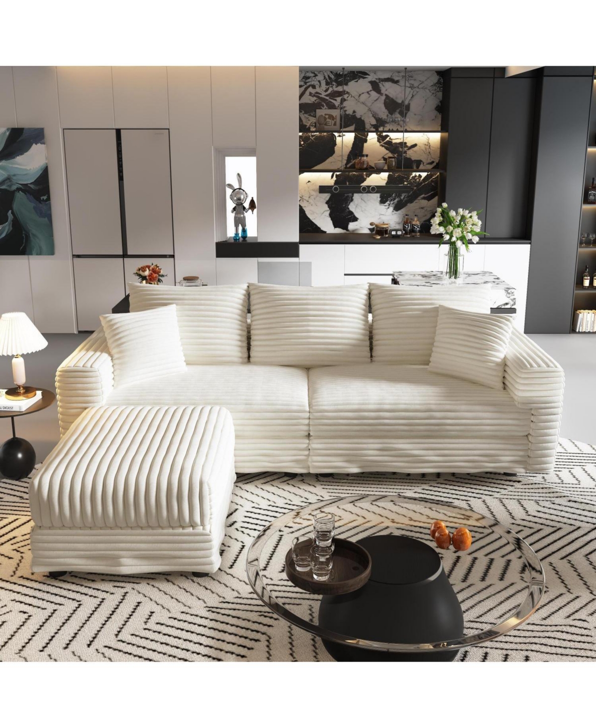 Streamdale Furniture Plush Corduroy 3-Seat Sofa with Ottoman