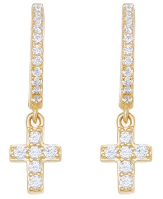 Cubic Zirconia Religious Cross Charm Dangle Huggie Hoop Earrings