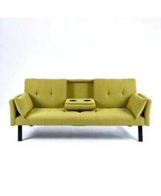 70" Cotton Linen Sofa Bed- Foldable, Cup Holder, Side Storage