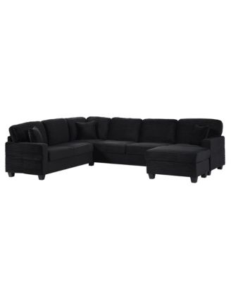 U-Shaped Sectional Sofa with Ottoman & Storage Pockets, Black