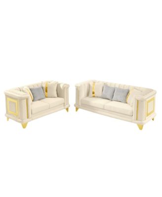 Streamdale Velvet Sofa Set: Gold Trim, Embroidered, Mid-Century Modern, Beige