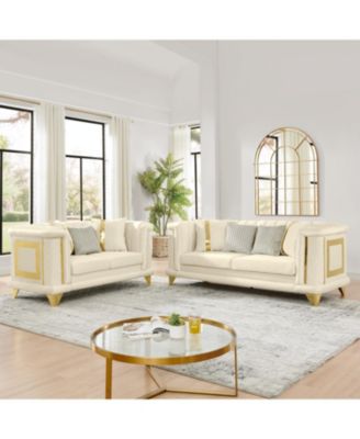 Streamdale Velvet Sofa Set: Gold Trim, Embroidered, Mid-Century Modern, Beige