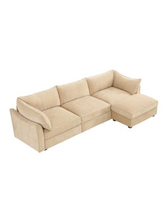 L-Shaped 3-Seater Chenille Sofa with Footstool - Wheat