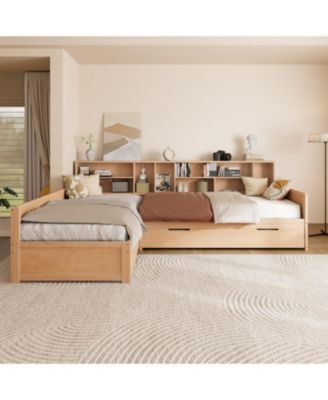  Twin L-Shaped Daybed with Trundle, Storage & Bookcases - Natural