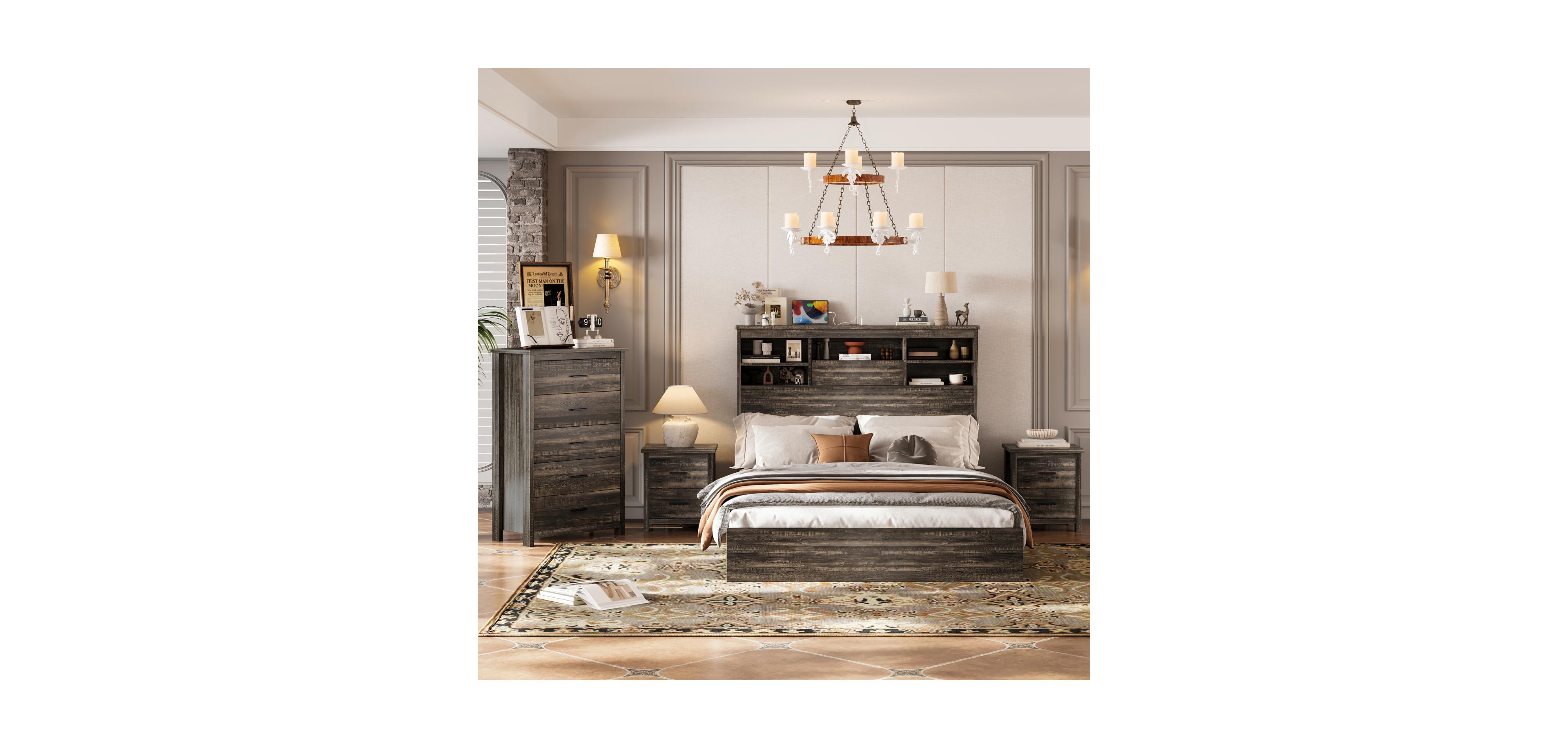 Streamdale Furniture Queen Bed Set- Storage Headboard, Nightstands, Dresser