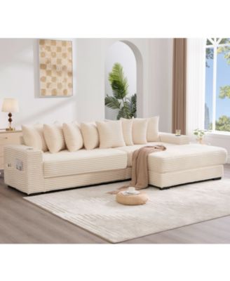 Corduroy L-Shaped Sectional Sofa with Ottoman, Pillows & Cup Holders - Beige