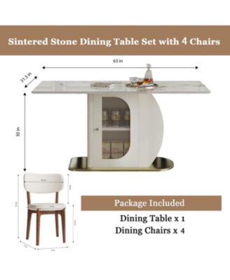 63" Modern Dining Table Set, Burnt Stone Top, Gold Base, 4 White Chairs