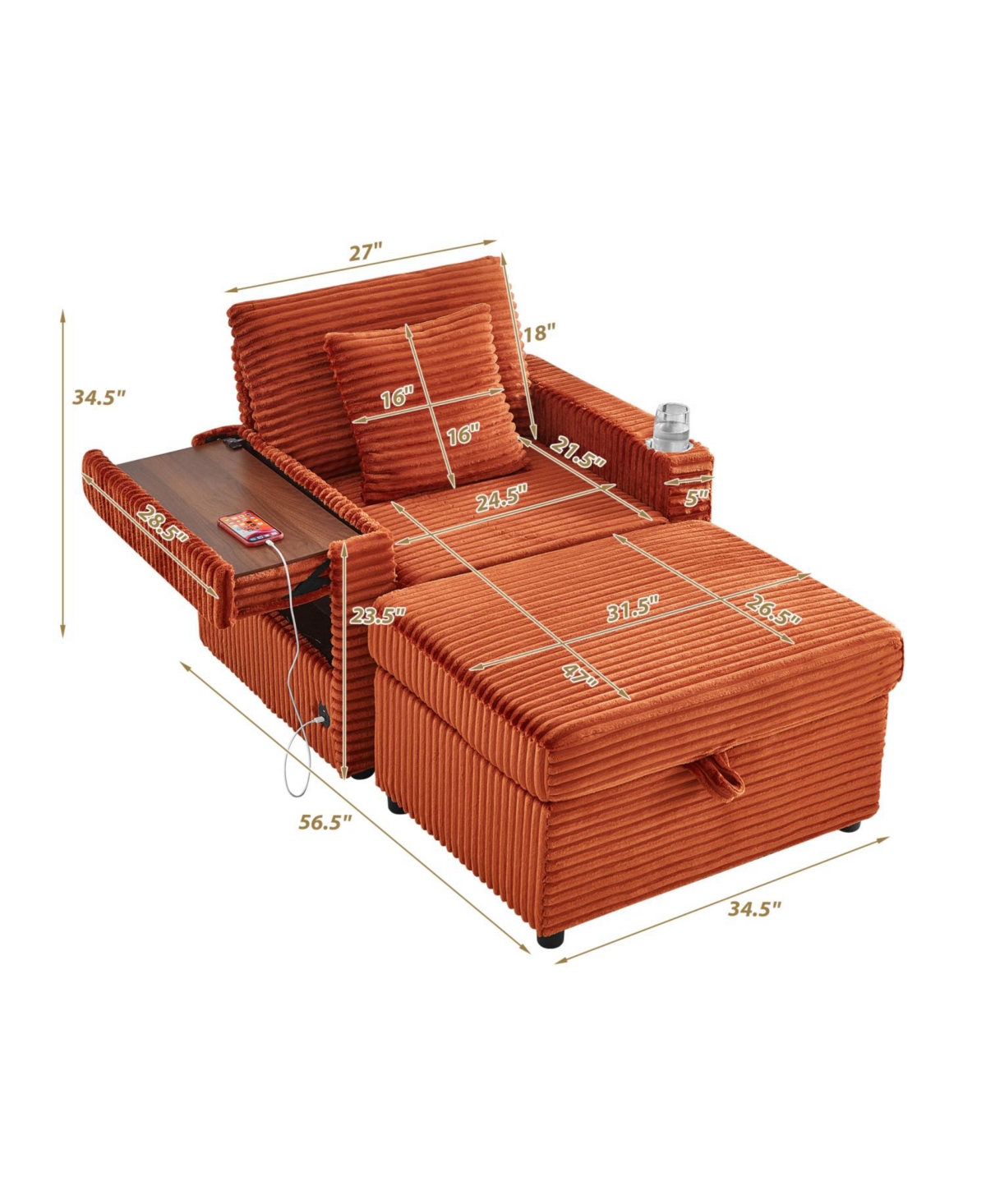 Streamdale Furniture Fluffy Corduroy Lazy Sofa w/ Ottoman, Table & Storage