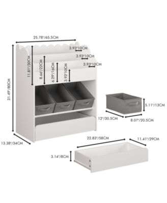 Kids Bookshelf with Storage Bins & Drawer - White Wooden Book Organizer