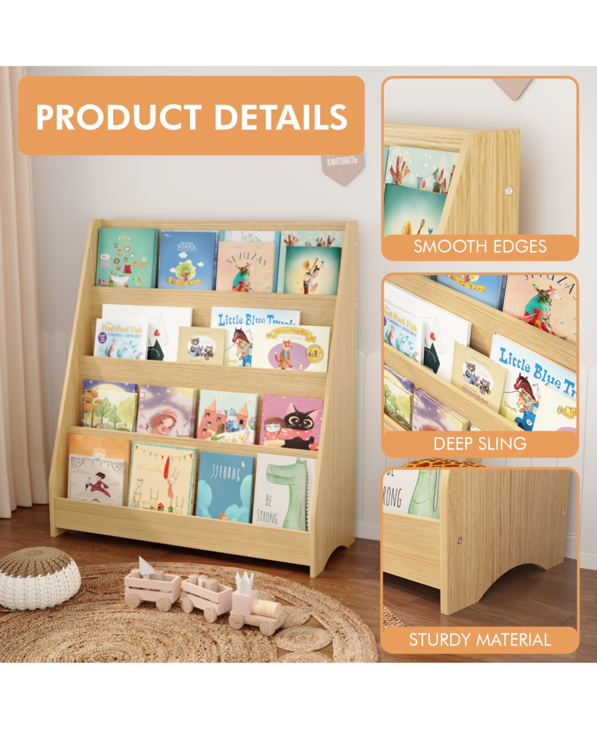 Streamdale 4-Tier Kids Bookshelf, Toddler Book Display, Natural