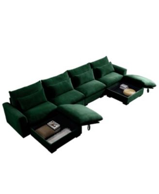 Green Corduroy U-Shaped Sectional Sofa with Storage Ottomans