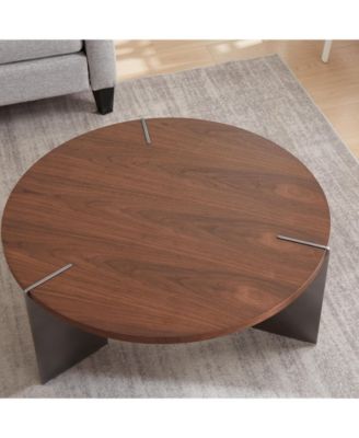 Round Coffee Table Walnut Wood Surface and Black Metel Feet