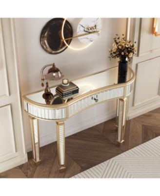 Streamdale 47" Half-Moon Mirrored Console Table - Fluted Glass & Crystal Knob