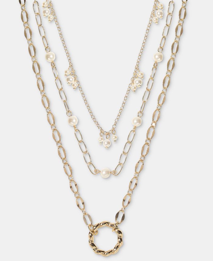 On 34th Open Circle & Imitation Pearl Layered Pendant Necklace, 15" + 3"