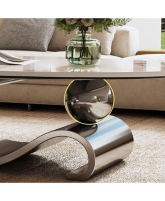 49" Faux Marble Oval Coffee Table, Steel Base