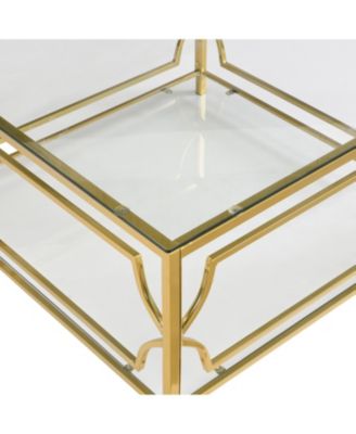  Square Glass Coffee Table, Gold Geometric Frame, Lower Shelf