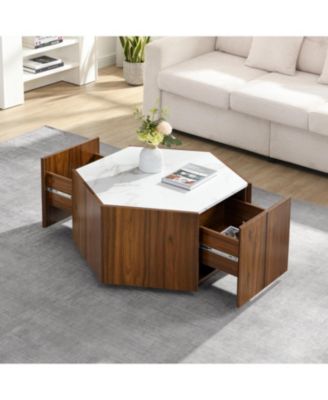 Rustic Hexagonal Coffee Table, Drawers, Marble Top, Light Oak