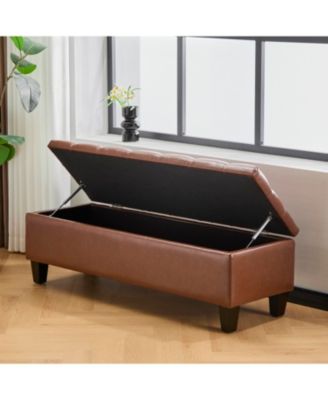 Ottoman Bench with Storage, Brown PU Surface, Rubber Wood Legs, 300 lbs Capacity