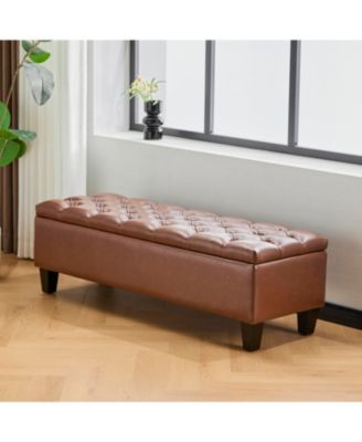 Ottoman Bench with Storage, Brown PU Surface, Rubber Wood Legs, 300 lbs Capacity