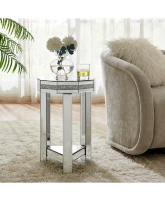 Mirrored Octagon End Table with Crystals, 2-Tier Silver Accent Table