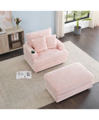 Corduroy Armchair & Ottoman Set with Cup Holder