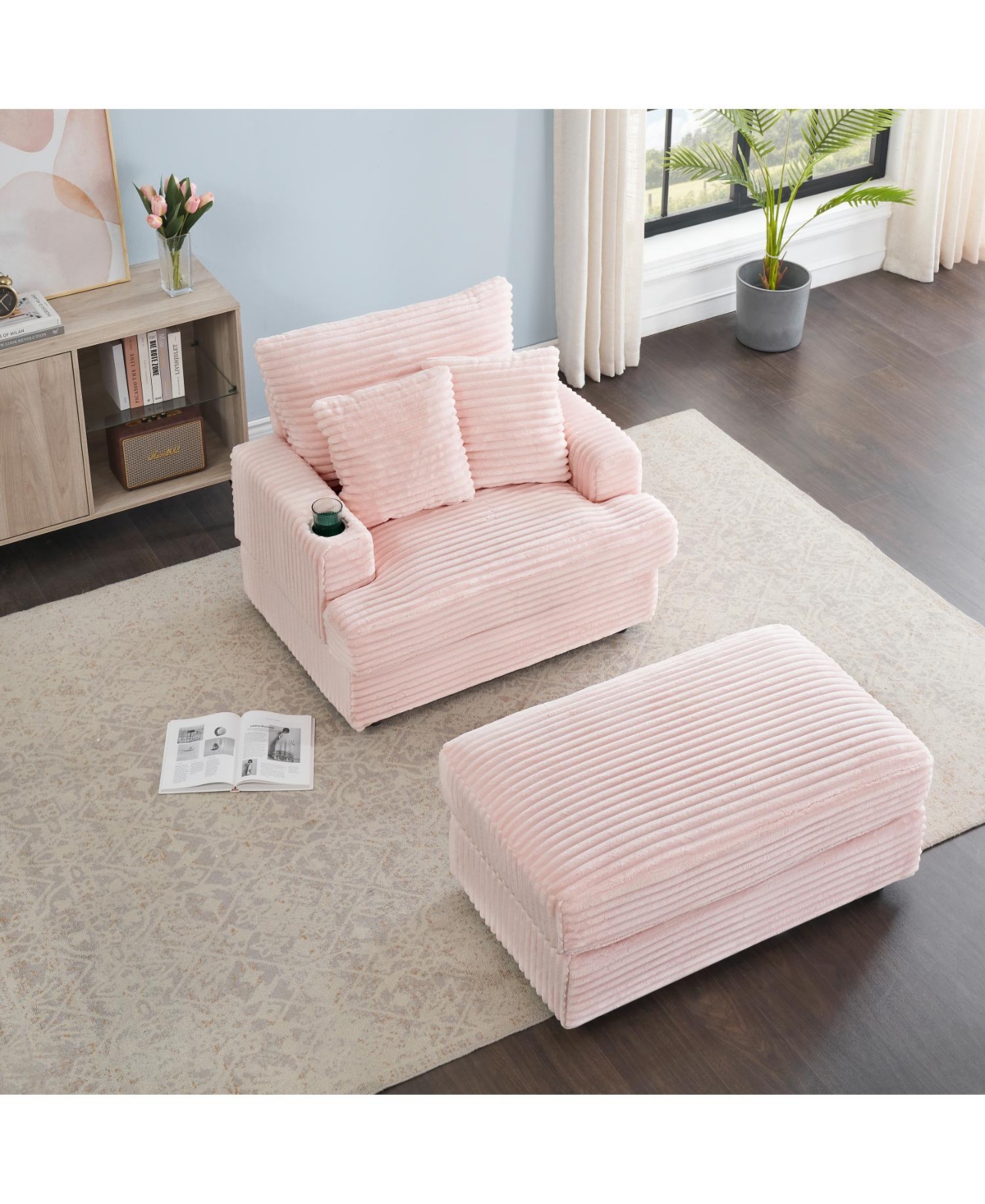 Streamdale Furniture Corduroy Armchair & Ottoman Set with Cup Holder