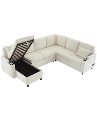 109.9" U-Shaped Sectional Sofa Bed with Storage, Cup Holders & Charging