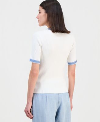 Women's Denim-Trim Ribbed Short-Sleeve Top