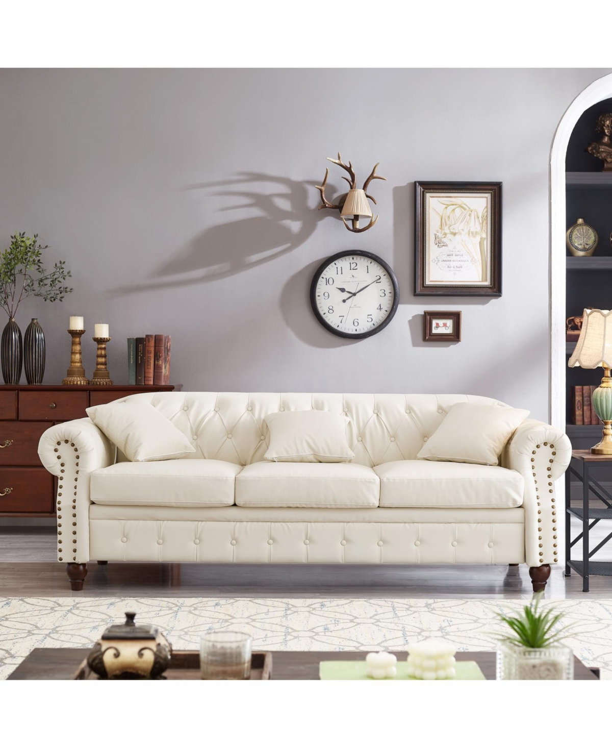 Streamdale Furniture Ivory Chesterfield Sofa Tufted Faux Leather with Storage