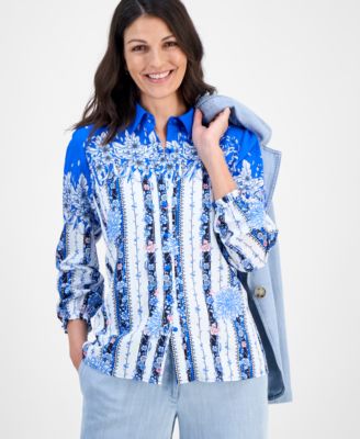 Women's Placed-Floral Button-Down Blouse