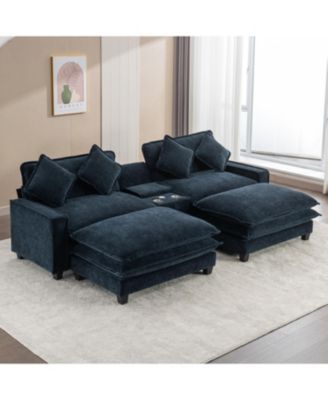 Chenille Sectional Sofa w/Ottomans USB Cup Holders & Storage
