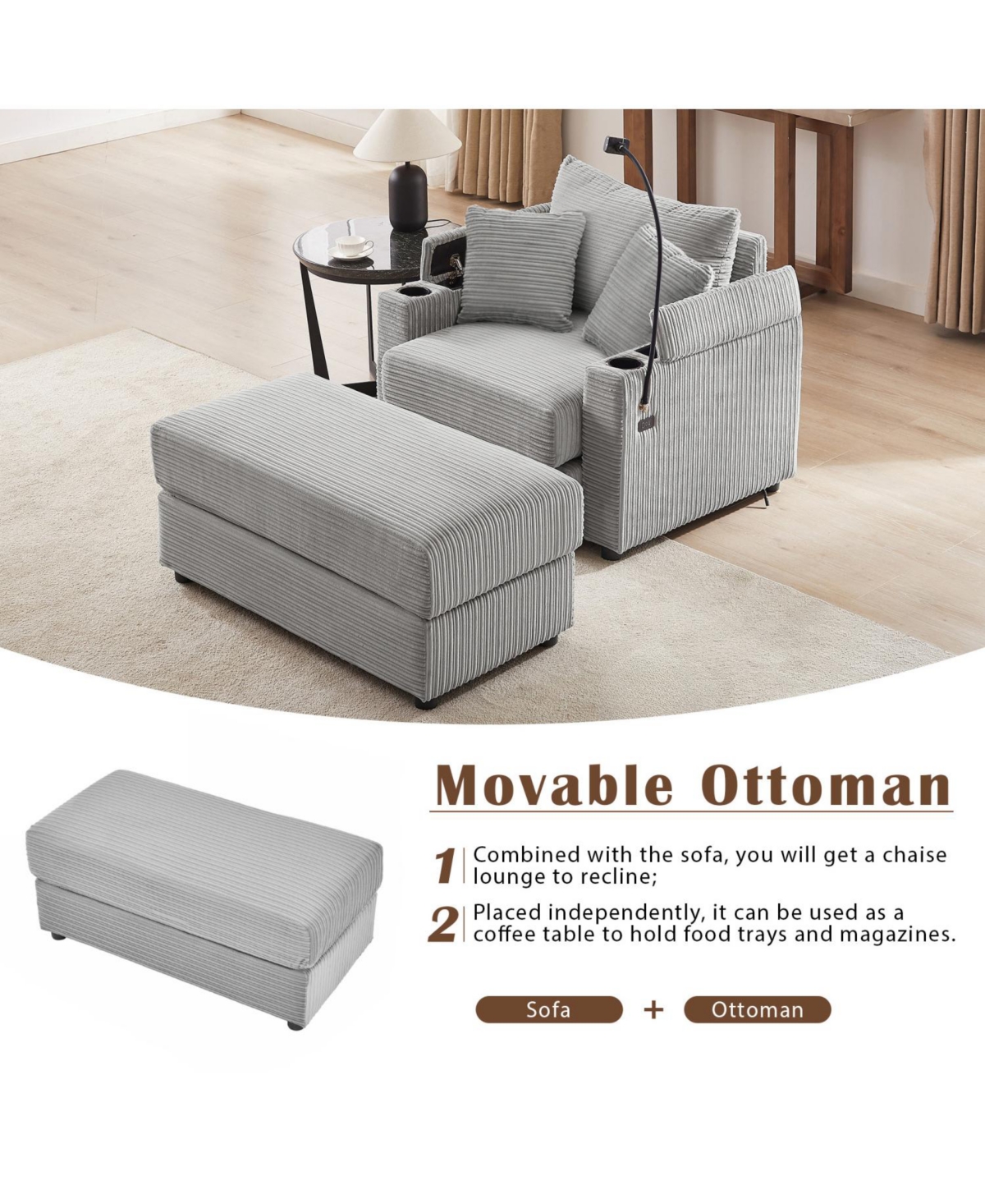 Streamdale Furniture Modern Sofa Couch w/ Ottoman Usb Cup Holders
