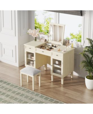 Vanity Desk Flip-Top Mirror Drawer Cabinet Oak