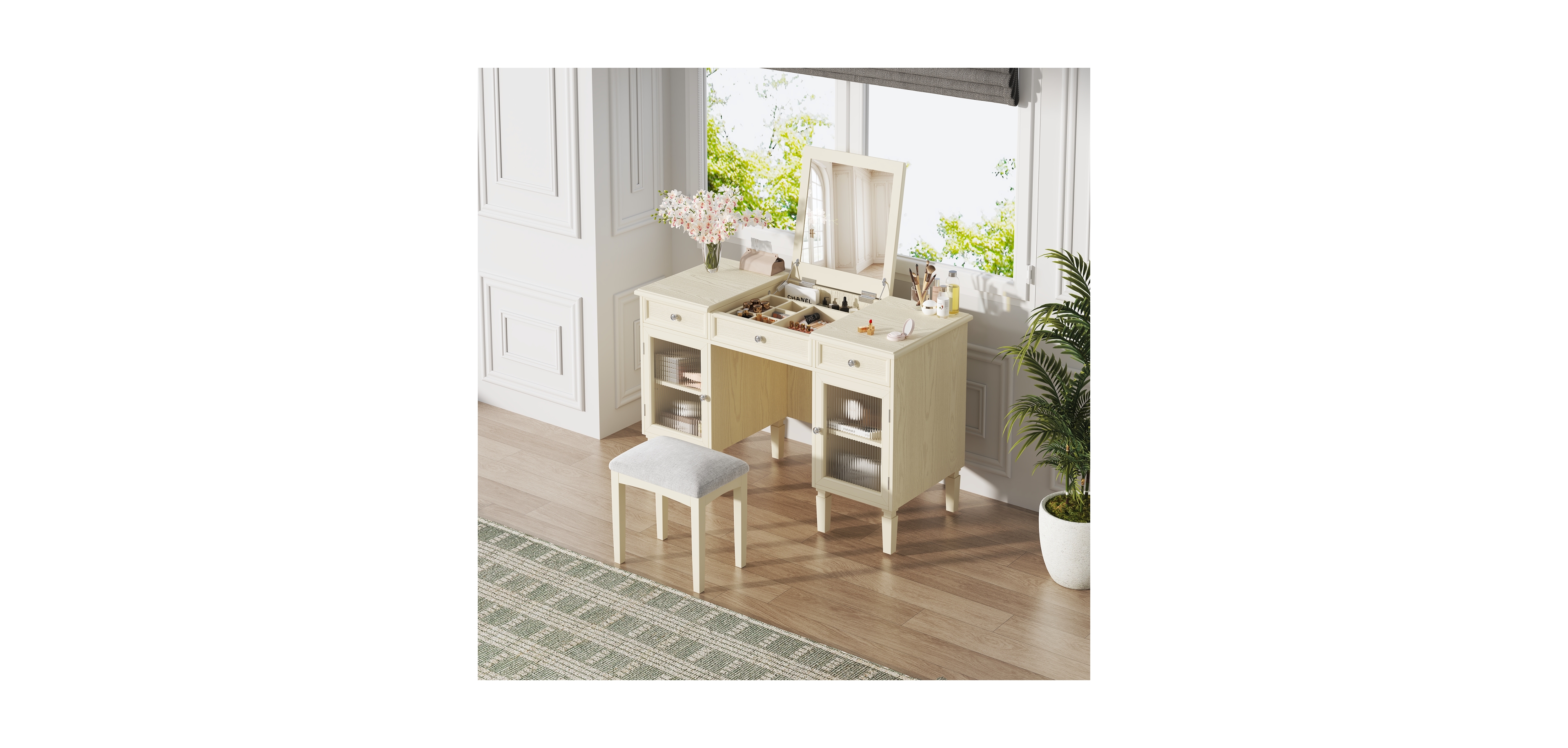 Streamdale Furniture Vanity Desk Flip-Top Mirror Drawer Cabinet Oak