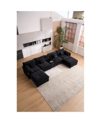 U-Shaped Chenille Sectional Sofa with Coffee Table (White)