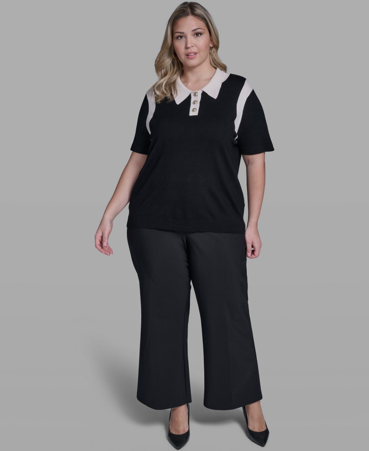 Plus Size Solid Short-Sleeve Polo Sweater
