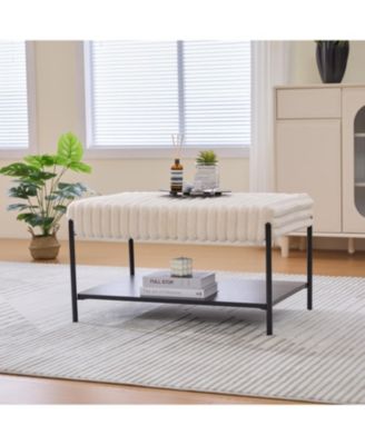 Upholstered Ottoman Coffee Table with Storage Shelf - Beige